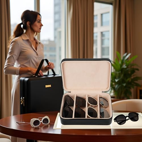4 Slot Sunglasses Travel Case, Real Leather Eyeglasses Storage Box, DIY Organizer Glasses/Jewelry/Watch Display Case for Women Men (4 slot_Black Leather) - color: 4 slot_Black Leather