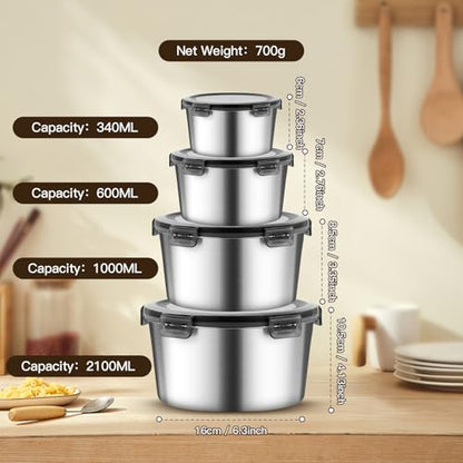 316L Stainless Steel Food Storage Containers with Lids, 11.5oz/20oz 34oz/71oz Airtight Metal Meal Prep Containers,Bento Lunch Box for Kitchen, Picnic & Camping（340 ml/600 ml/1000 ml/2100 ml）