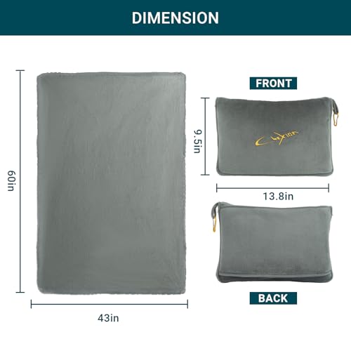 Travel Blanket and Pillow Set for Airplane, 300 GSM Soft Fleece Compact Travel Blanket with Inflatable Pillow and Carry Bag, 60x43 Inches, Grey - color: Grey