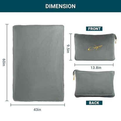 Travel Blanket and Pillow Set for Airplane, 300 GSM Soft Fleece Compact Travel Blanket with Inflatable Pillow and Carry Bag, 60x43 Inches, Grey - color: Grey