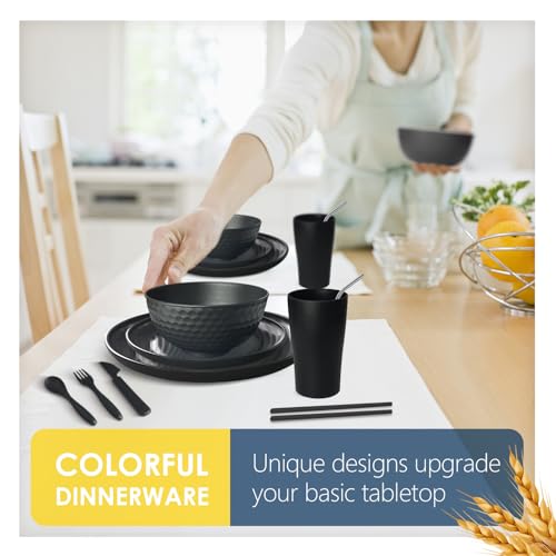 Teivio 88-Piece With Flatware Kitchen Plastic Wheat Straw Dinnerware Set for 8, Dinner/Dessert/Appetizer Plates, Cereal Fruit Bowls, Pasta Bowls, Cups, Unbreakable Dishwasher Safe Outdoor Dish, Black - color: Black