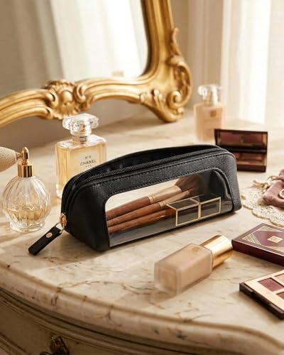 LETGO Clear Makeup Bag Travel Cosmetic Case Transparent Toiletry Bag with Zipper, Portable Make Up Organizer Traveling Compact Car Bag for Essentials (Slim, Black) - color: Black, style: Slim