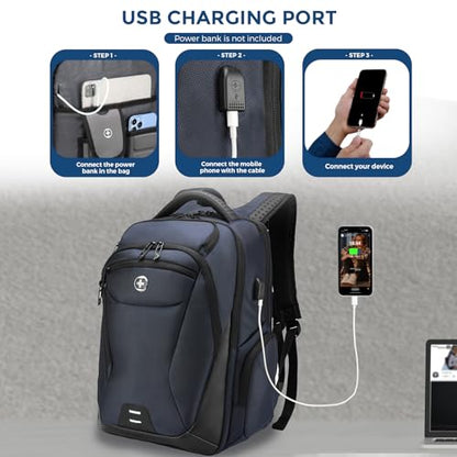 Swissdigital Design Men's Laptop Backpack for College and Business Travel with Integrated USB Charging Port and RFID Protection Fits Laptops up to 15.6 inch, Blue | SD1695-12 - color: Blue