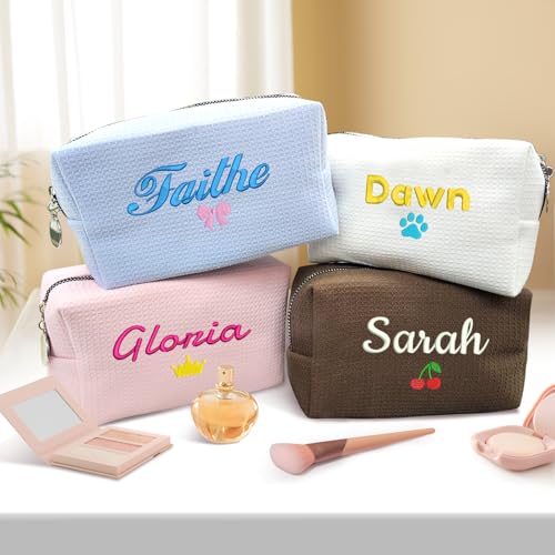 Personalized Cosmetic Bag Waffle Makeup Bag for Girls - Custom Travel Organizer Toiletry Bag with Embroidered Name - Personalized Bridesmaid gifts for Wedding - Gifts for Teen Girls Sister Friend