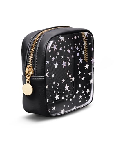 Wandering Nature Clear Makeup Bag for Purse, Mini Make up Bag with Glitter Star Pattern, Cute Cosmetic Pouch for Women with Slip-in Pockets, Travel Toiletry Essentials Vegan Leather Organizer Pouch - color: Black Star
