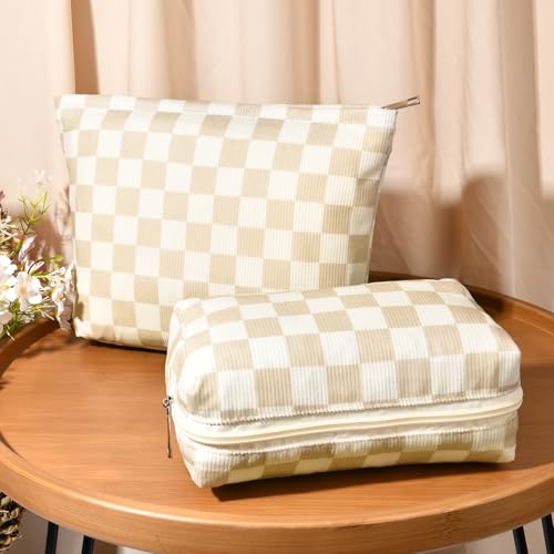 SOIDRAM 2 Pcs Checkered Makeup Bag Large Cosmetic Bag Toiletry Bag Makeup Pouch Travel Bag Organizer Cute Makeup Brushes Aesthetic Accessories Storage Bag for Women Brown Checkered - color: Brown Checkered