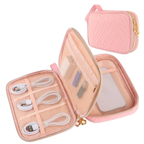 Electronics Organizer Travel Case, Charger Bag Cord Organizer Travel, Compact Tech Pouch Cable Organizer Bag for Charger, Cords, Phone, Headphones, Flash Drive, SD Card (Pink, Small-Double Layer) - color: Pink, size: Small-Double Layer
