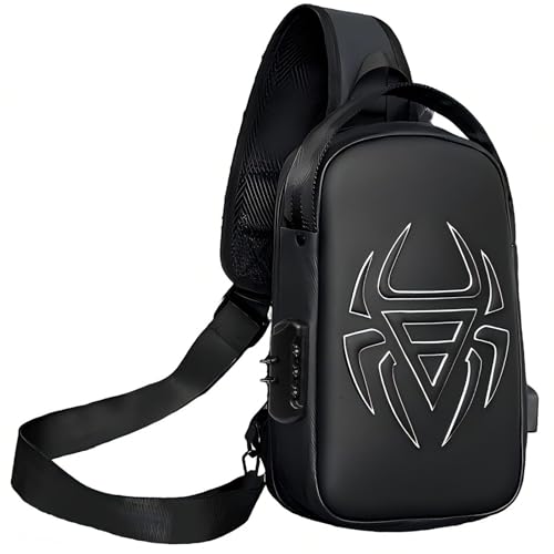 Anti-Theft Sling Crossbody Bag for Men Hard Shell Waterproof Chest Bag with USB Hole Combination Lock Shoulder Backpack for Travel Work Hiking Motorcycle - color: Spider Black