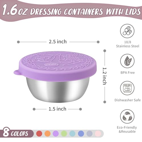 SANEXC 8 Pack - 1.6 Oz Small Salad Dressing Containers To Go, Leakproof Condiment Containers with Lids Reusable Stainless Steel Sauce Cups for Lunch Boxes Kitchen Storage Picnics Travel Meal Prep - color: 1.6 OZ-Multicolor
