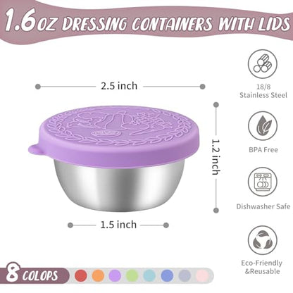 SANEXC 8 Pack - 1.6 Oz Small Salad Dressing Containers To Go, Leakproof Condiment Containers with Lids Reusable Stainless Steel Sauce Cups for Lunch Boxes Kitchen Storage Picnics Travel Meal Prep - color: 1.6 OZ-Multicolor