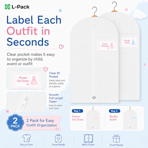 Kids Garment Bag 2 Pack for Hanging Clothes, Travel Garment Bags for Dresses, Dance Costumes & Suits, Breathable Clothes Cover for Baby Toddler Child,White, 30" x 18" - color: White 2 Pack