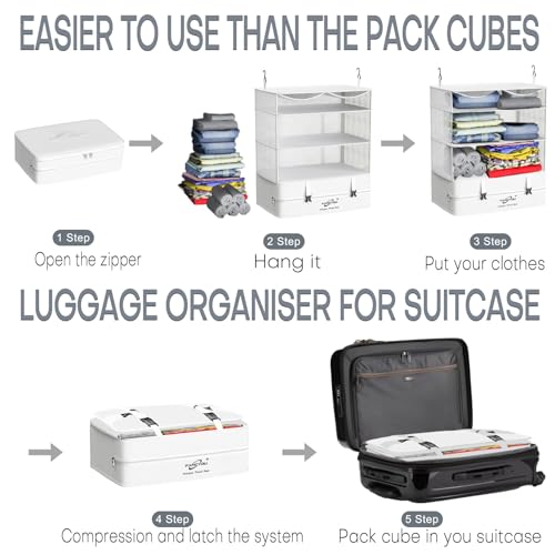 Compressible Packing Cubes Portable Hanging Closet Shelves 17"x12"x24" Extendable Travel Organizer Nylon Packing Bags for Suitcase - color: White