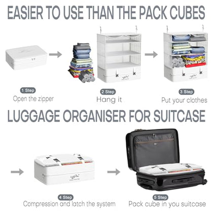 Compressible Packing Cubes Portable Hanging Closet Shelves 17"x12"x24" Extendable Travel Organizer Nylon Packing Bags for Suitcase - color: White