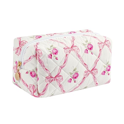 Gleyemor Small Quilted Makeup Bag for Women, Cute Floral Bow Cosmetic Bag, Emergency Bag Travel Toiletry Cotton Pouch Gifts for Girls Her Mom Friend Sister Bridesmaid (Pink Bowknot&Rose) - color: Pink Bowknot&Rose