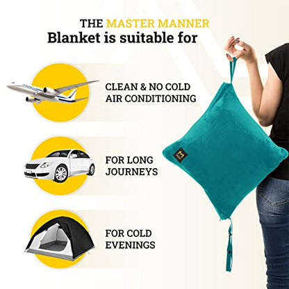 Travel Blanket Airplane Compact with Hoodie – 2in1 Airplane Travel Accessories from Plane Blanket to Travel Pillow with Luggage Strap, Soft Handle & Secure Pocket - color: Teal, size: 62x41''