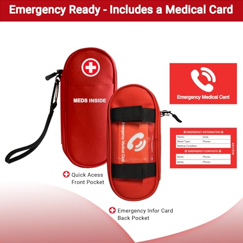 EpiPen Carry Case Insulated, Travel Medical Bag with YKK Zipper, Hold 2 Epi Pens or Auvi-Q, Anti-Histamine, Asthma Inhaler, Allergy Medicines, Emergency Medication Organizer Pouch, Red - color: Red
