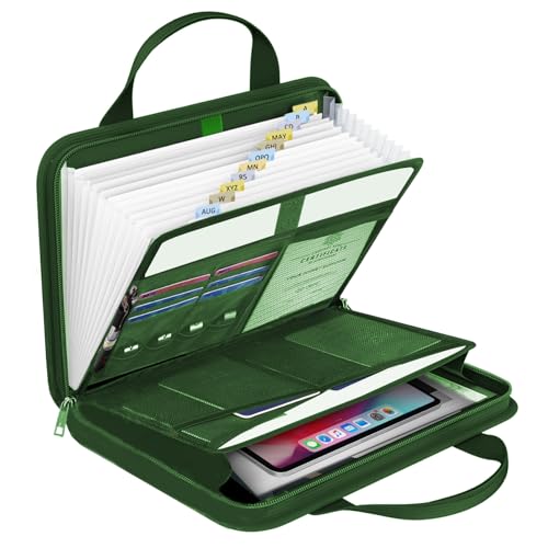 onvvippiv File Organizer Fireproof Expanding Accordion File Folder with Zipper Labels13 Pockets Document Organizer Holder Storage Box Bag for Business Office Receipt Home Travel - color: Green, style: Classic