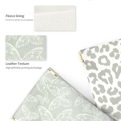 Glasses Case Soft, Eyeglass Cases for Women Portable Squeeze Top PU Leather 2 Pack Glasses Pouch with Cleaning Cloth - color: 2pcs Grey Leopard+grey Butterfly