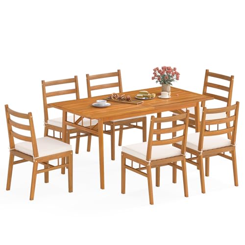 Tangkula 7 Pieces Patio Acacia Wood Dining Set, Outdoor Heavy Duty Rectangular Table with 1.97” Umbrella Hole and 6 Cushioned Chairs, for Deck, Garden and Backyard - size: 7 pieces