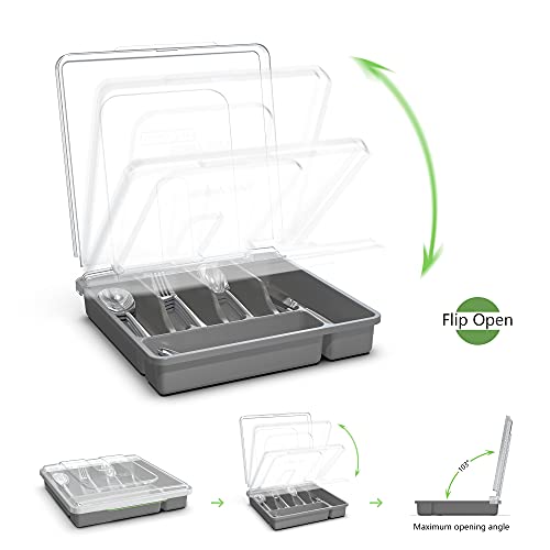Utensil Holder for Countertop with Lid, Plastic Silverware Tray for Drawer, 5 Compartments Flatware Organizer, Gray - color: Gray