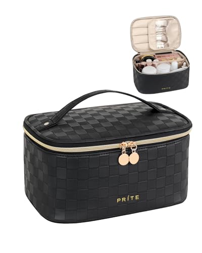 Prite Makeup Bag, Large Capacity Cosmetic Bag for Women and Girls, Waterproof PU Leather Travel Case with Handle, Divider for Skincare and Brushes - Checkered Black - color: Checkered Black