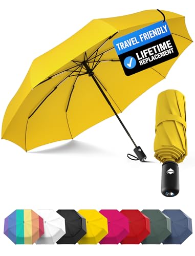 Rain-Mate Windproof Compact Umbrellas for Rain - Strong Reinforced Fiberglass Rib Design & Auto Open & Close - Portable Folding Travel Umbrella - Lightweight & Packable for Women & Men, Easy Collapse - color: D.Yellow