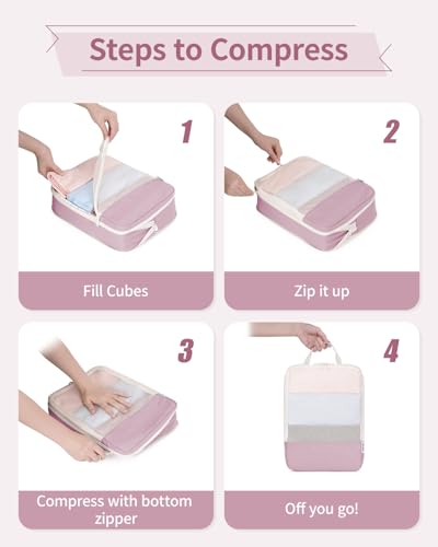 Narwey 6 Set Compression Packing Cubes for Travel Women Men, Travel Cubes for Carry On Suitcase, Durable Compression Luggage Organizer Bags - color: Dusty Rose