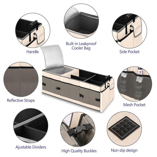 Trunk Organizer with Built-in Insulated Leak Proof Cooler Bag,Collapsible Cargo Organizer for SUV with Non Slip Bottom Strips,3 Large Compartments Foldable Waterproof Portable Car Storage Box - color: Khaki with Cooler Bag