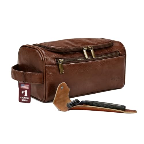 MINARAI Mens Toiletry Travel Bag with Razor Case & Dust Bag – Premium PU Leather Organizer with Hanging Design and Structured Storage – Mens Toiletry Bag for Travel, Gym, and Everyday Gift–DARK BROWN - color: Dark Brown