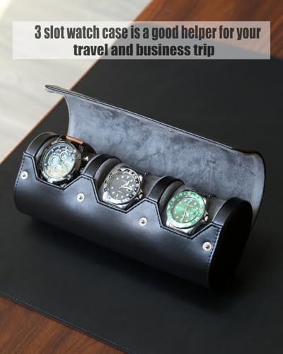 watch box organizer for mens watch case travel roll Portable 3 Watch Display Storage with Velvet Sections to Holder Large Watch (Black) - color: Black