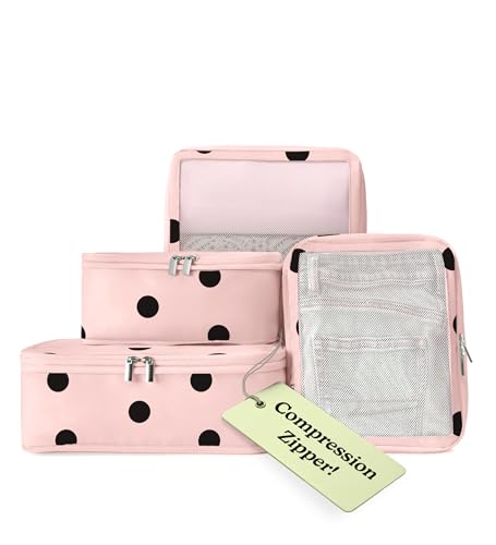 VANDEL Space-Saving Compression Packing Cubes for Kids + Women, Compressible Carry On Suit Case Organizer Luggage Kids Packing Cubes for Baby Bag Organizer Pouches for Luggage, Treavel Suitcase Cube - color: 5. Pink Polka Dot, size: 4 Packing Cubes