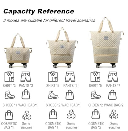 DOJUNS Rolling Duffle Bag with Wheels,Expandable Foldable Duffle Bag,Detachable Rolling Wheels,Rolling Luggage Bag Carry on Duffel Bag,Wheeled Travel Duffle Bag,Gift for Wife and Parents - color: White