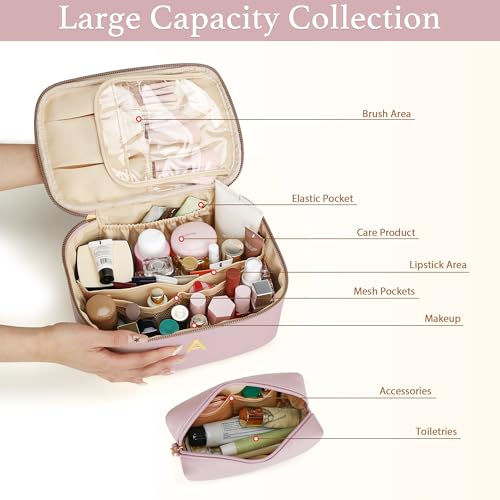 Personalized Initial Makeup Bag Gifts for Women, Large Travel Cosmetic Organizer with Handle & Divider, PU Leather Toiletry Bag for Girls, Birthday Bridesmaid Gift Set - Pink - B - color: Pink, style: B
