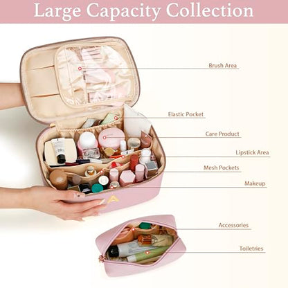 Personalized Initial Makeup Bag Gifts for Women, Large Travel Cosmetic Organizer with Handle & Divider, PU Leather Toiletry Bag for Girls, Birthday Bridesmaid Gift Set - Pink - J - color: Pink, style: J
