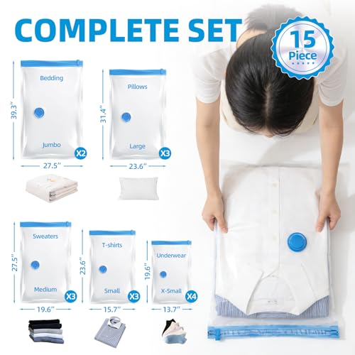 KMOSENIA Vacuum Storage Bags with Electric Pump, Vacuum Seal Bags, Space Saver Compression Bags for Clothing, Pillows, Blanket, Bedding Comforters, Travel Lugggage, 15 Combo - size: 15 Combo