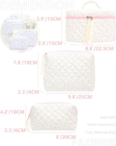 3PCS Makeup Bag SET Large Travel Quilted Zipper Soft Cosmetic Case Pouch for Women Girls Make Up,Little Flower Pink - color: Little Flower Pink, size: 3 PCS SET