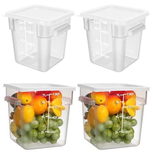 Lallisa 4 Pcs 8qt & 4qt Clear Food Storage Containers with Lids Handles and Scales, Stackable Plastic Square Food Storage Containers for Dough Proofing Baking Kitchen Restaurant(White) - color: White