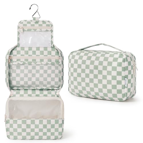 Narwey Small Hanging Travel Toiletry Bag for Women, Travel Bag for Toiletries, Makeup Bag Organizer Cosmetic Bags Make Up Bags for Girls - color: ZA-Mint Green Checkerboard