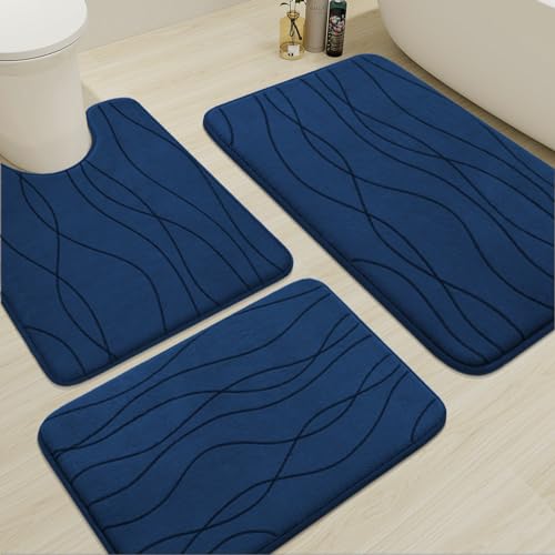 YIHOUSE Memory Foam Bathroom Rug Sets, Navy Blue, 3 Piece | Ultra Soft, Absorbent, Non-Slip, Machine Washable - color: Dark Blue, size: 1'8" x 2'8"