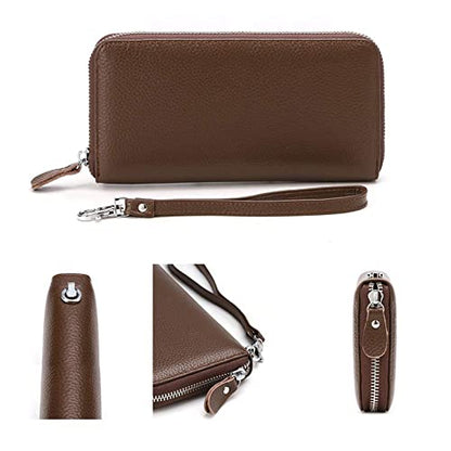 Moflycom Womens Wallet RFID Blocking Genuine Leather Zip Around Wallet Clutch Wristlet Travel Long Purse for Women - color: Coffee