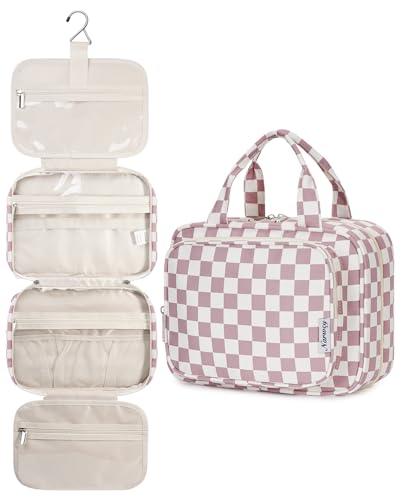 Narwey Hanging Toiletry Bag for Women Travel Makeup Bag Organizer Toiletries Bag for Travel Size Essentials Accessories Cosmetics (Dusty Pink Checkerboard (Medium)) - color: B-Dusty Pink Checkerboard, style: Medium