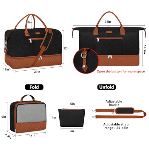 ITIEZY Weekender Overnight Bag for Women - Large Travel Duffel Bag with Shoe Compartment, Gym Duffel Bag Hospital Bag Carry On Tote Bags for Airplanes with Crossbody Bag Toiletry Bag 3Pcs Set - color: 9a-Black brown