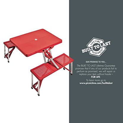 Picnic TIME Portable Folding Picnic Table with Seats for 4, Collapsible Aluminum Table with Benches & Umbrella Hole, Lightweight Foldable Table for Camping, Travel, Backyard, Tailgating | with Umbrella Hole - color: Red