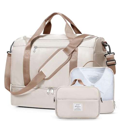Travel Duffel Bag for Women, Carry-on Overnight Weekender Bags with Wet Pocket & Toiletry Bag, For Spirit Airlines 18x14x8 Personal Item Bag,Small,3 Pcs Set - color: X-Beige & Brown-3Pcs-0022, size: Small