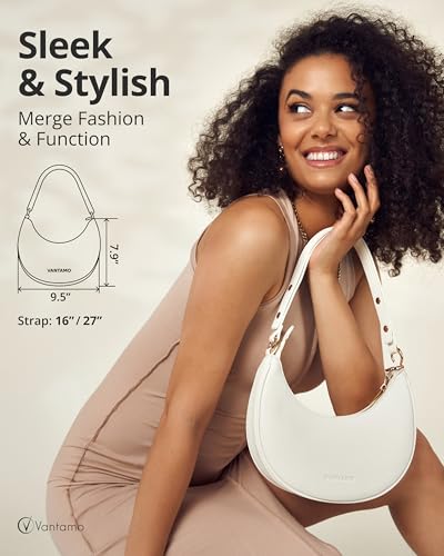 Vantamo Crescent Bags For Women with RFID Protection, Half Moon Clutch Purses for Women with Anti-Theft Clip for Extra Safety - color: White