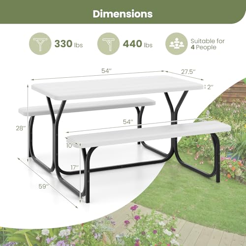 S AFSTAR Picnic Table Bench Set, 59” Expanded Rectangular Picnic Table, Outdoor Table and Bench W/Steel Frame & Wood-Like Texture Tabletop, Camping Table Chair Set for Garden Patio Lawn Deck (White) - color: White
