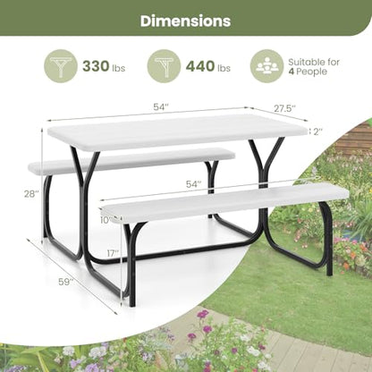 S AFSTAR Picnic Table Bench Set, 59” Expanded Rectangular Picnic Table, Outdoor Table and Bench W/Steel Frame & Wood-Like Texture Tabletop, Camping Table Chair Set for Garden Patio Lawn Deck (White) - color: White