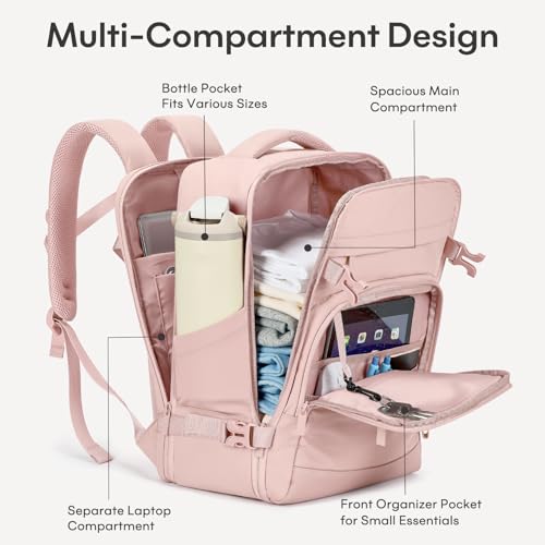 mibasies 30L Travel Backpack for Women & Men: Flight Approved Carry On Backpack, TSA Personal Item Bag with Water Bottle Pocket, Weekender Essentials Backpacks fits 15.6" Laptop - Pink - color: Pink, size: Large