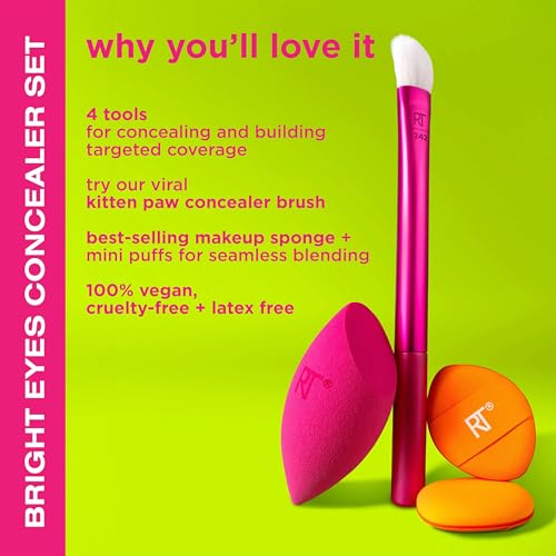 Real Techniques Vivid Escape Bright Eyes Concealer 4 Piece Set, Includes Kitten Paw Makeup Brush, Powder Puff, & Concealer Makeup Blending Sponge, Targeted Concealing, Travel Friendly, Cruelty-Free - size: 1 Count (Pack of 4)