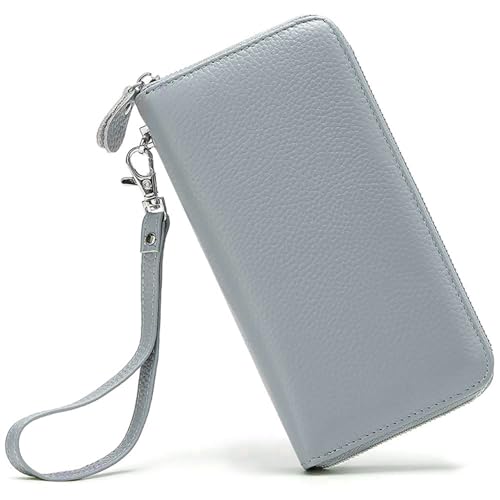 Moflycom Womens Wallet RFID Blocking Genuine Leather Zip Around Wallet Clutch Wristlet Travel Long Purse for Women - color: Sky Blue